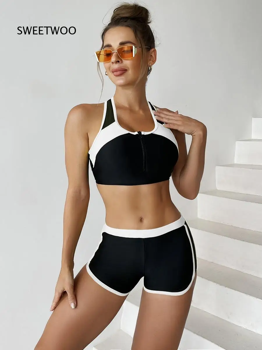 Women 2 Piece Color Block Sport Bikini Set Front Zip Halter Neck Crop Top Boyshort Bottom Swimwear For Surfing Diving Snorkeling
