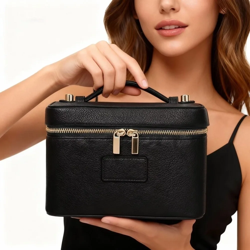 PU Leather Makeup Bag Large Capacity Waterproof Camera Storage Bag Square Shape Removable Divider Clutch Bag for Women & Men