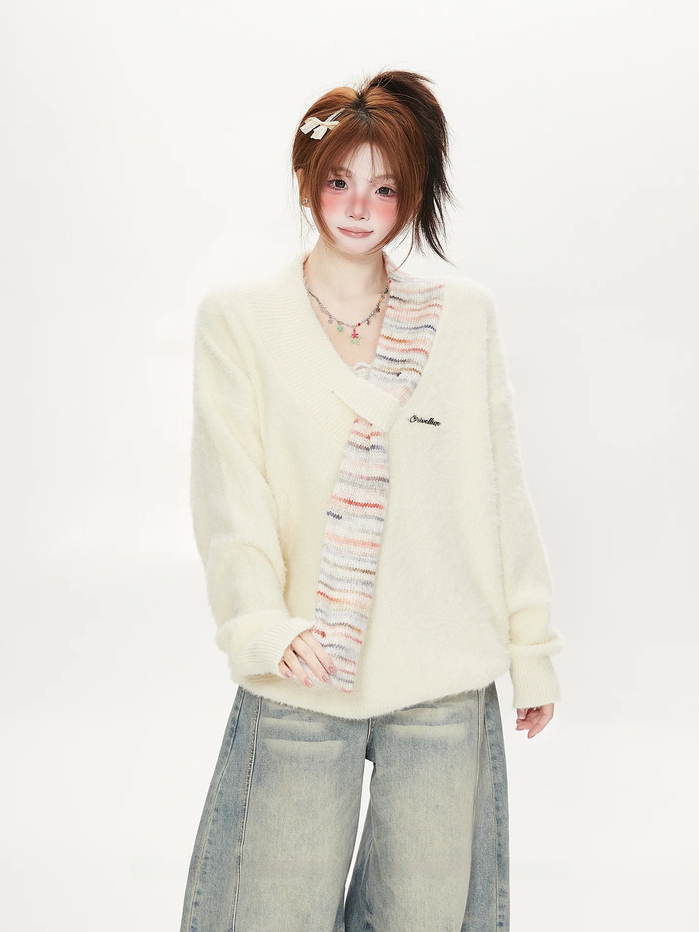 

Soft Cozy V-Ne Women's Sweater with Scarf Design Sensation Small ence Autumn Winter Lazy Sle Sweet Knitted Top