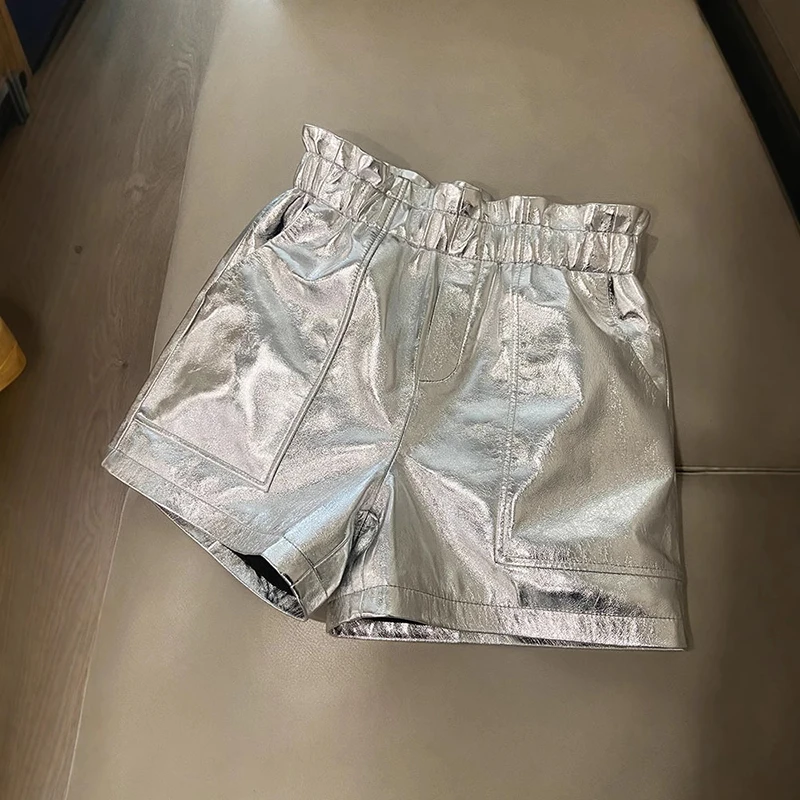 Leather Shorts Female Spring 2026 New Loose High Waist Wide Legs Slim A-Line Outer Wear Sheepskin Short Pants Customized Color
