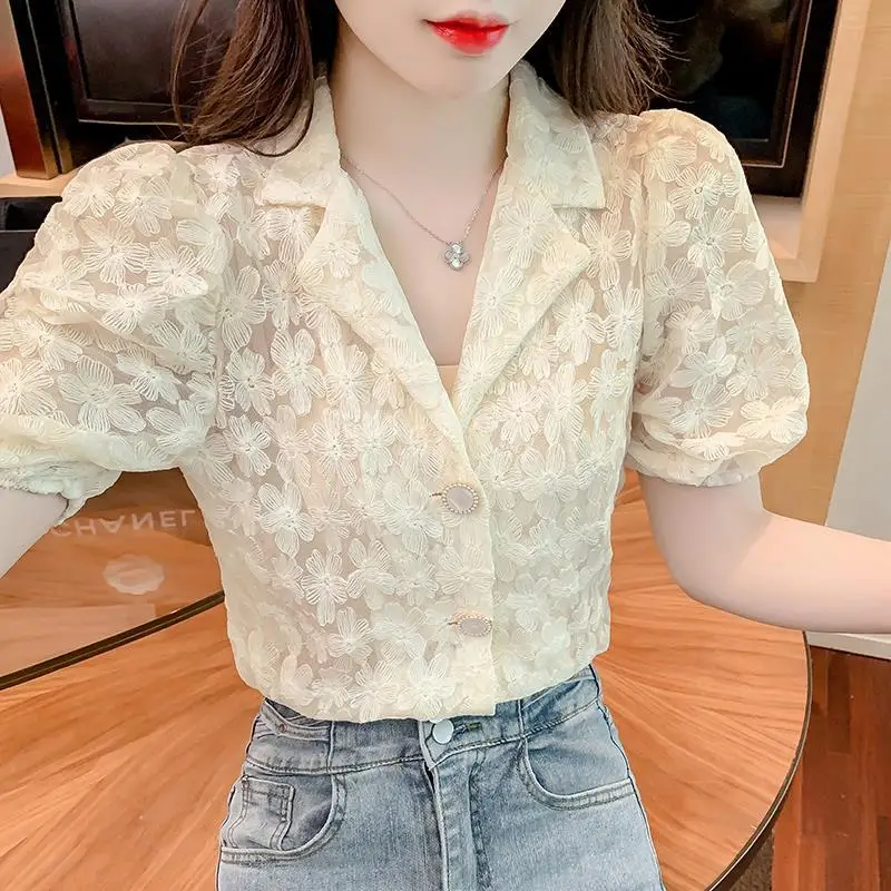 Summer Korean Fashion Buttons Solid Color Turn-down Collar Puff Sleeve Blouse Women Clothes Simplicity Net Yarn Women\'s Shirt