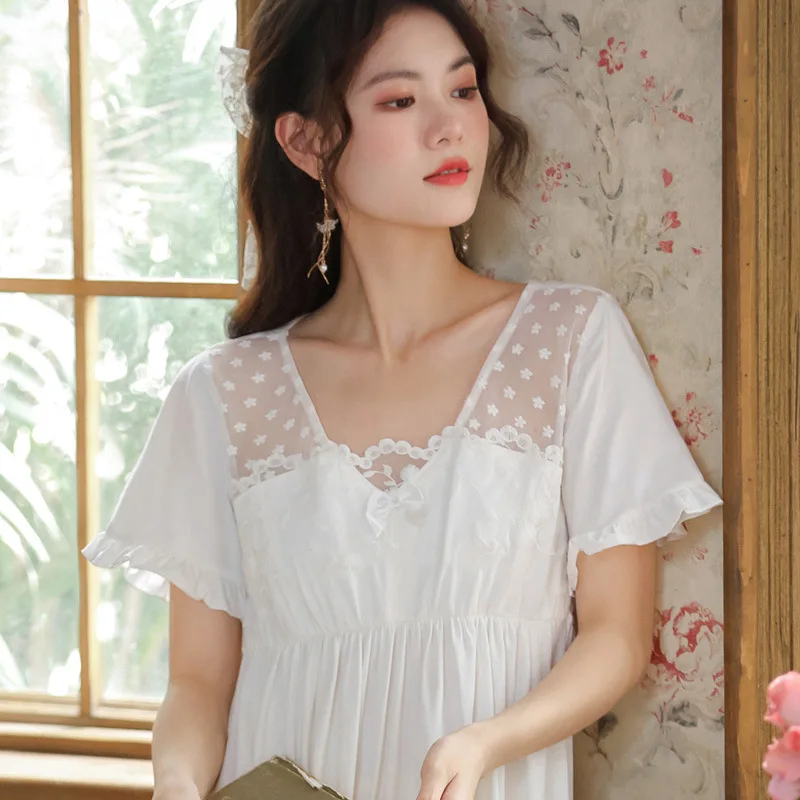 

Victorian Nightgown Cotton Long Night Dress Women Summer Short Sleeve Sexy Lace Peignoir Robe Fairy Sleepwear Princess Nightwear