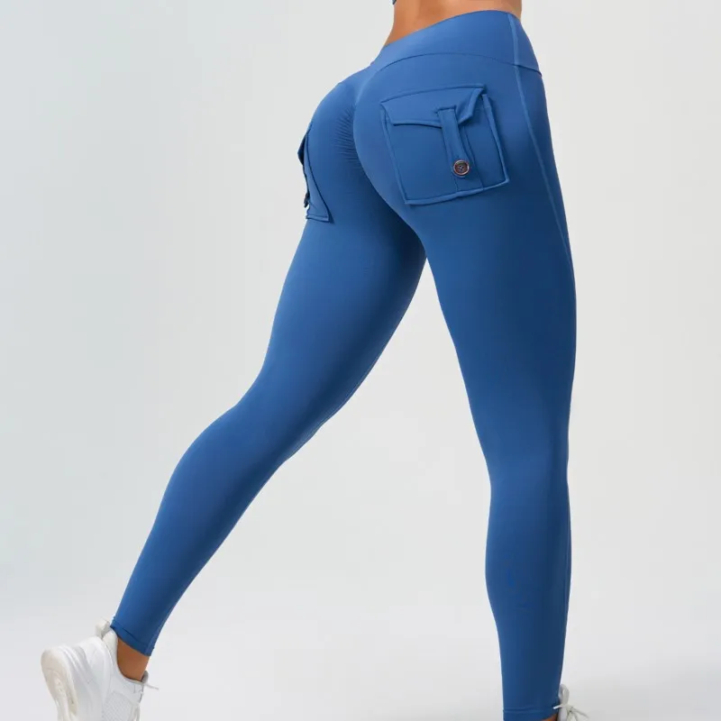 Cargo Pockets Yoga Pants Fitness High Waist Gym Female Full Length Leggings Running Trousers Eorupean Peach Long Yoga Pants