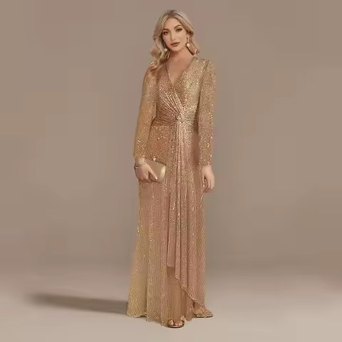 Customized Luxury Floor Length V-neck Mother Dress Sequins Long Sleeves Elegant Evening Dress Prom Party Dresses 2026