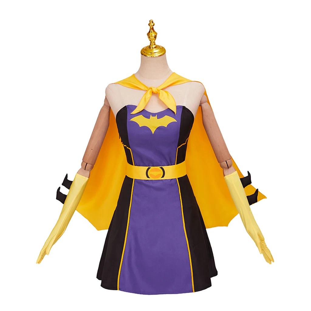 

Lady Bat Cosplay Costume Dress Superhero Purple Battle Suit with Cape Gloves Full Set Halloween Carnival Dress for Adult Women