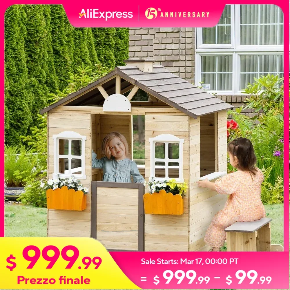 Playhouses, Wooden Playhouse for Kids Outdoor Garden Pretend Play Games, Adventures Cottage, with Working Door, Windows, Bench