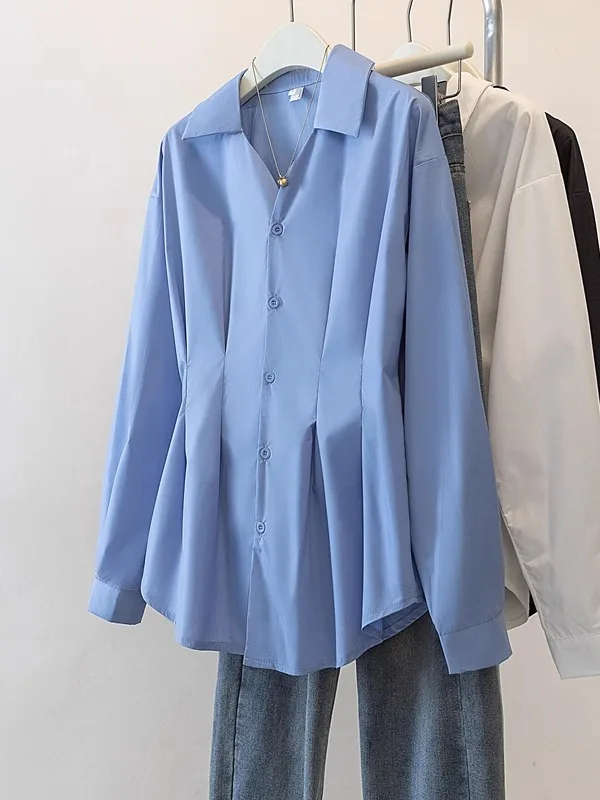 เสื้อคลุมสไตล์เกาหลีสำหรับผู้หญิงไซส์ใหญ่ แขนยาว สีขาว ปกคอพับ ดีไซน์กระชับเอว ช่วยปกปิดและดูอ่อนวัย