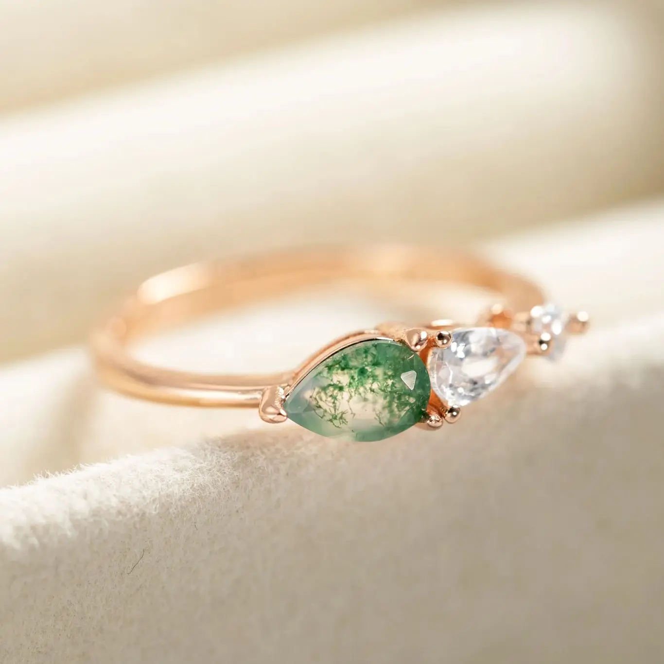 

925 Sterling Silver Cocktail Pear Cut Moss Agate Bands for Woman Wedding Rose Gold Plated Wedding Band High Quantity Jewelry