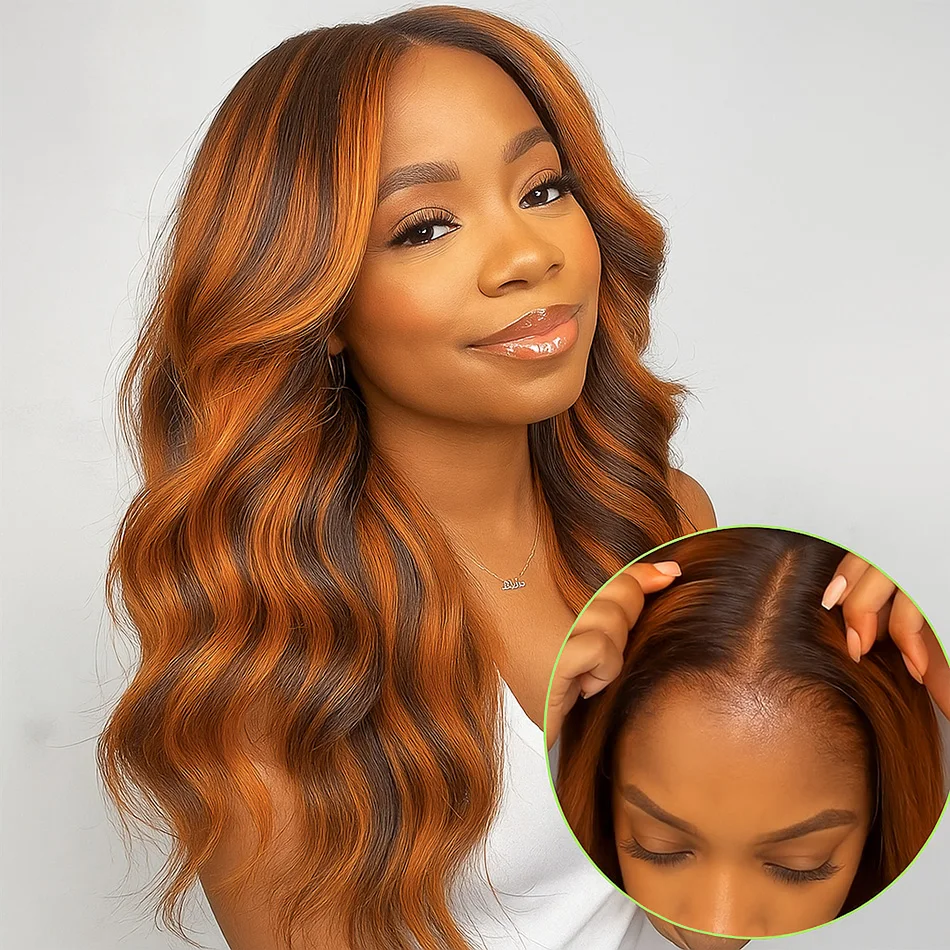 ボディウェーブ # 4/350 オンバージンジャー ブラウンハイライトウィッグ 30インチ 5x5 グルーレス ブラジリアンレミー プレプラッキング済み人毛ウィッグ 女性用