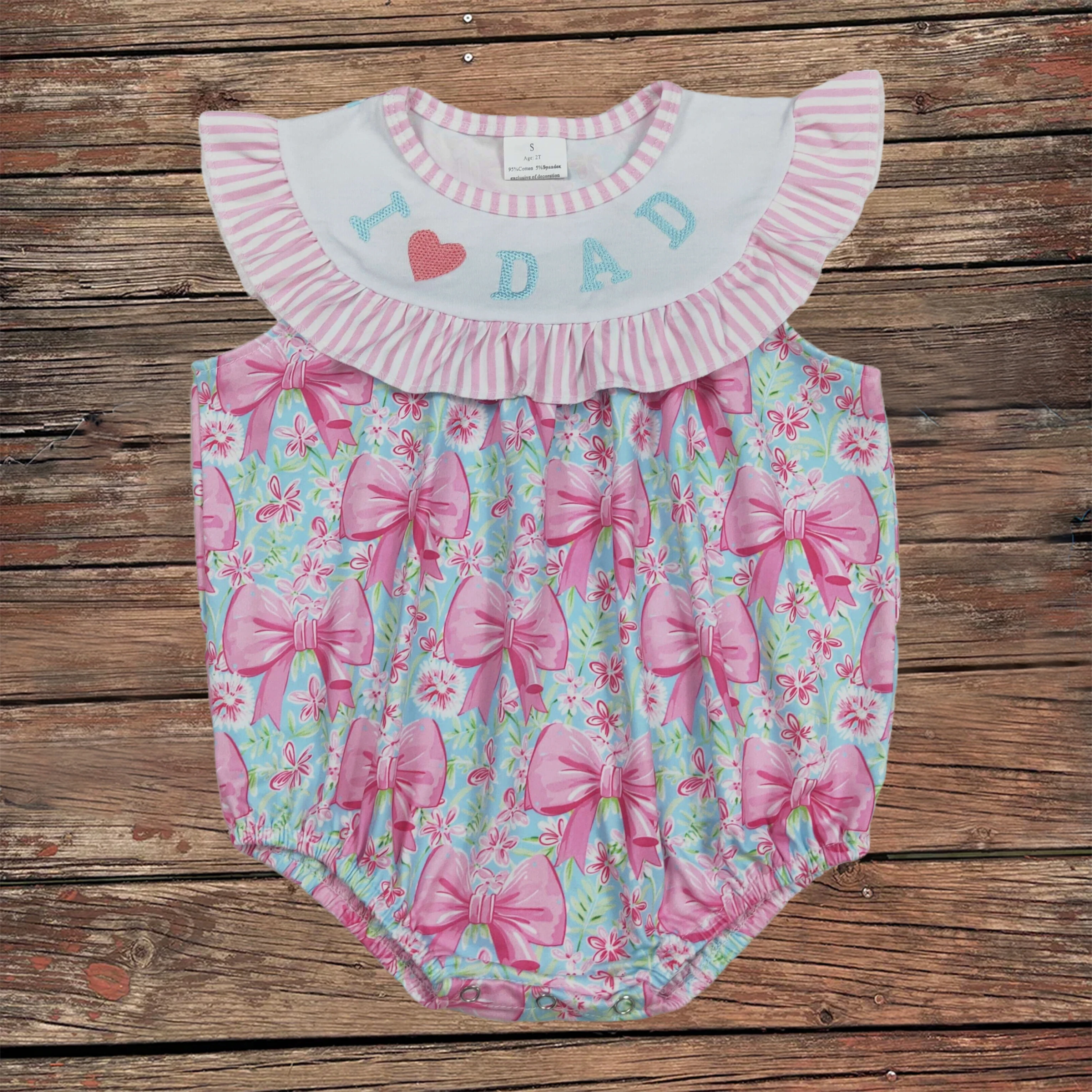 Wholesale Baby Girls Embroidery I love DAD Pink Bows Floral Romper Newborn Toddler Kids Children Bodysuit Infant Smocked Bubble