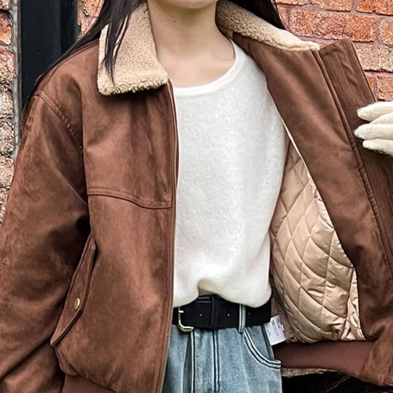 HKSH automne hiver nouvelle veste chaude pour femme Faux daim Patchwork laine d'agneau col rabattu fermeture éclair rétro Y2K épaissir manteau HK14045