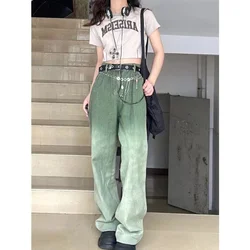 American Style Streetwear Green  Straight Jeans Women High Waist Vintage Pants Chic Casual Ladies Wide Leg Denim Trouser Women