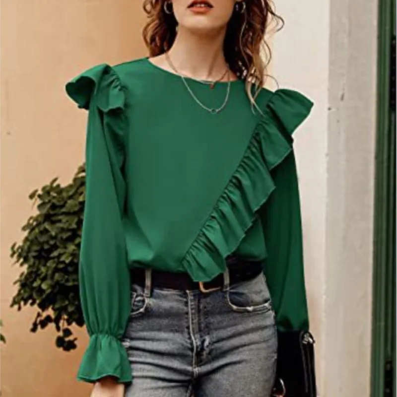 Summer And Autumn New Elegant Pleated Trimmed Shirt Long Sleeved Round Neck Lock Hole Casual Solid Color Top Shirt For Women