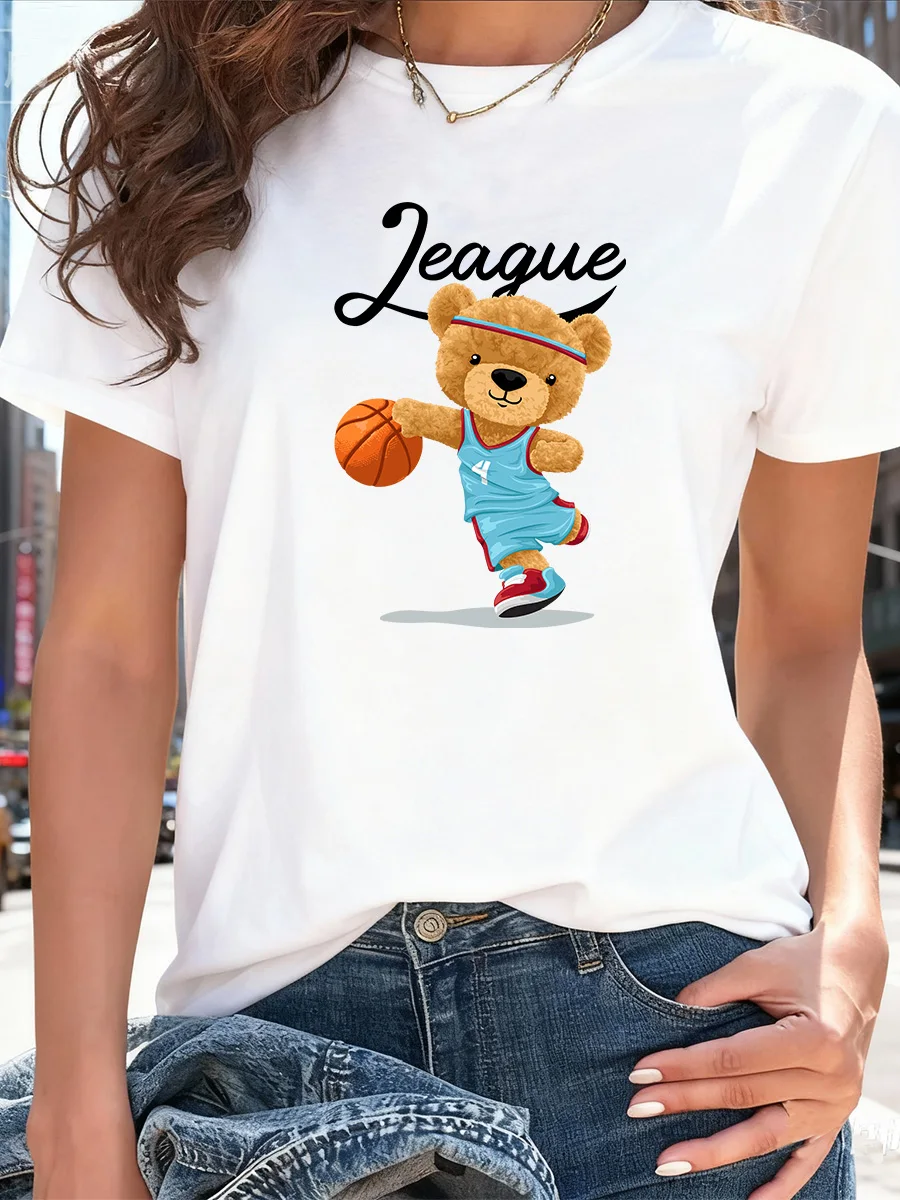 

White Short Sleeve T-Shirt with Cute Bear Playing Basketball "League" Graphic for Casual Wear
