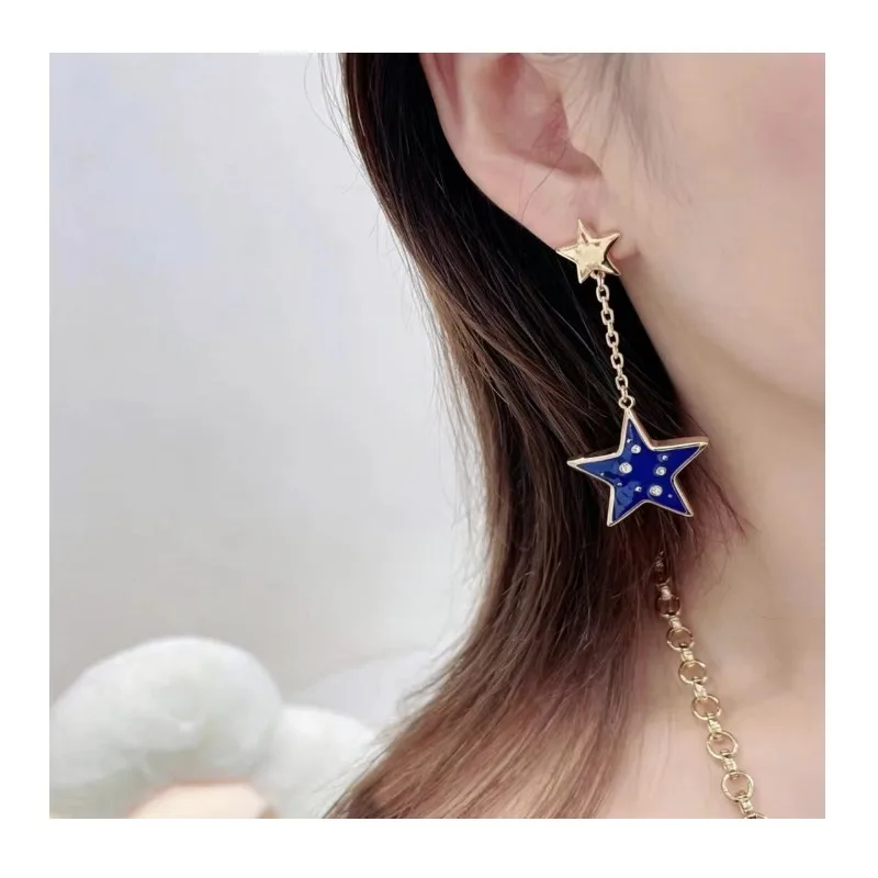 

Long Pentagram Earrings Women's Light Luxury High-end Earrings Needle Blue Enamel Star Earrings