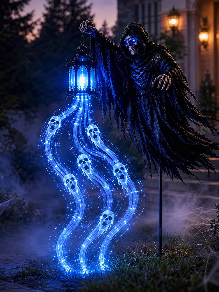 Skull Yard Stake Light Halloween Grim Reaper Lantern Gothic Garden Decor Battery Operated Outdoor