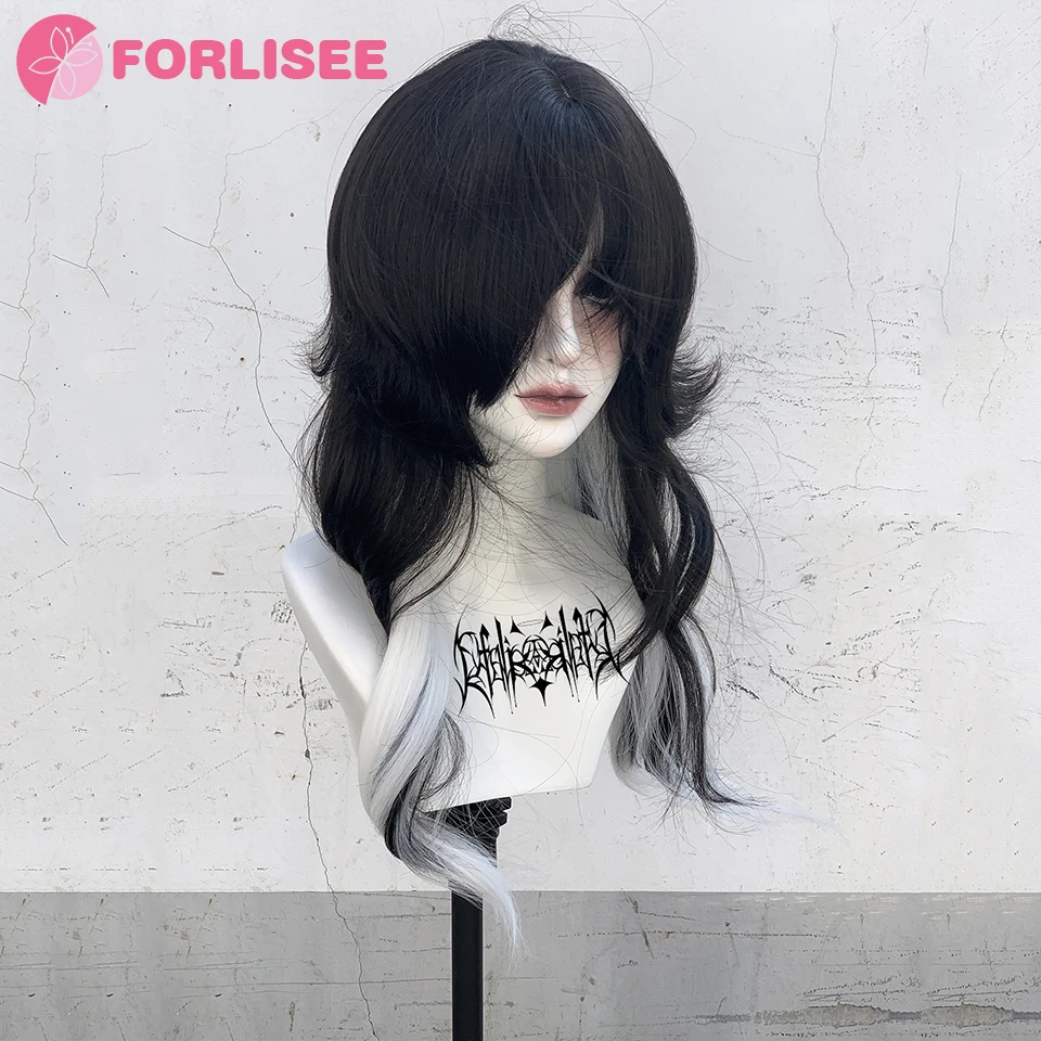 FORLISEE Synthetic Halloween Long Curly Hair Reverse M Black And White Gradient Gothic Style Lolita Christmas Party Wig