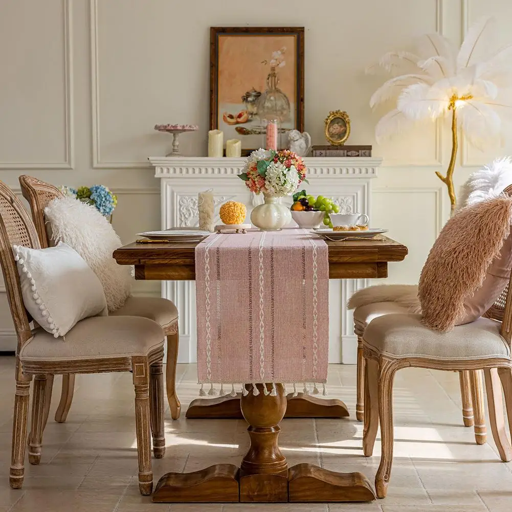 Rustic Table 33 x 180 cm Made of Linen and Polyester for Kitchen Table with Embroidered Motifs and Airy Detail