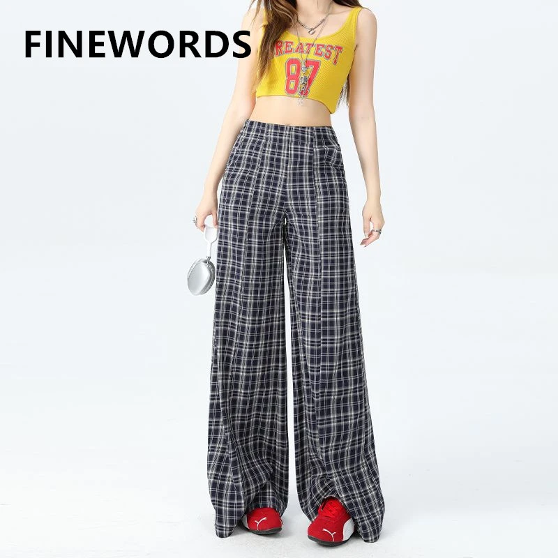 FINEWORDS خمر عادية عالية الخصر منقوشة السراويل النساء الكورية واسعة الساق السراويل الفضفاضة الشارع الشهير Easymatch فضفاض كامل طول السراويل