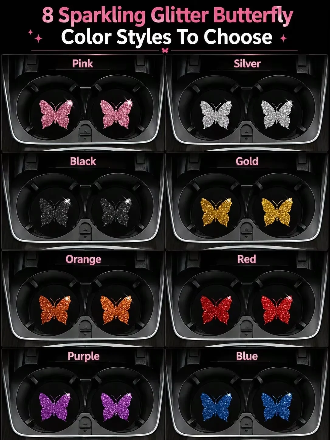 Glitter Butterfly Car Cup Mat, Thick Non-Slip Rubber Coaster, Spill-Proof Scratch-Resistant Cup Holder Liner for Women Auto
