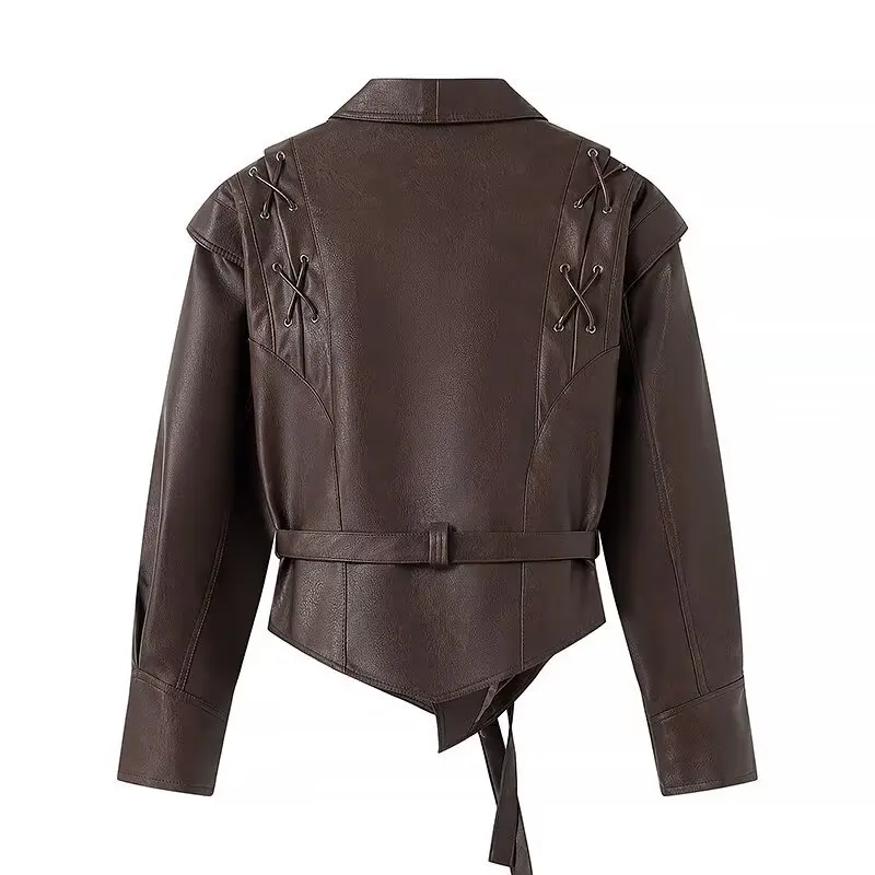 Spring and Autumn New Ladies PU Leather Jacket. Versatile Retro. Single Row Buckle with Belt. Lace-up Design Top