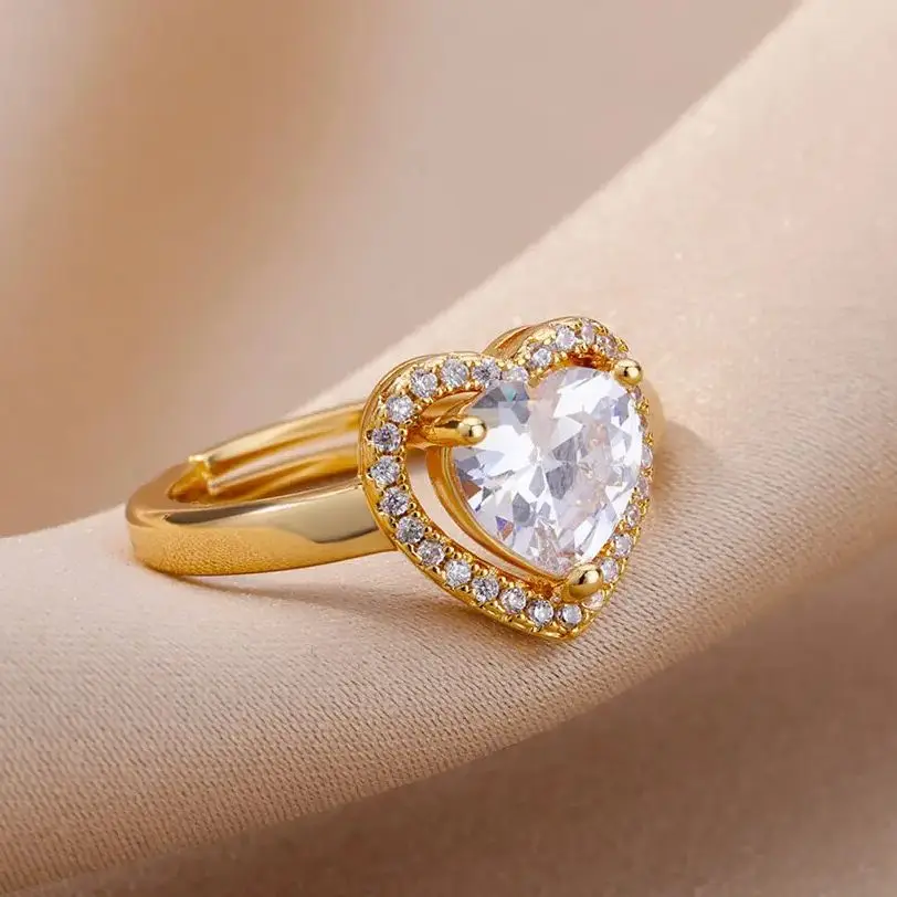 خاتم إصبع على شكل قلب من الفولاذ المقاوم للصدأ بلون ذهبي للنساء ، خاتم زفاف من الزركون الفاخر ، هدية مجوهرات جمالية ، من الفولاذ المقاوم للصدأ #2