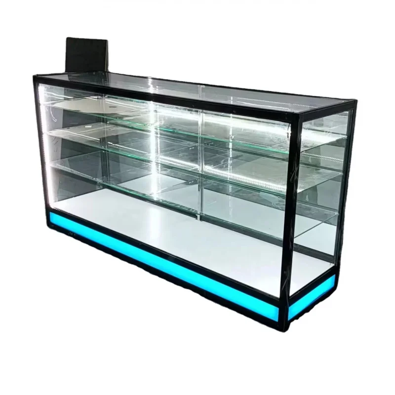 

custom.Toughened Glass Display Cabinet with Custom Flowing Led Lights for Malls