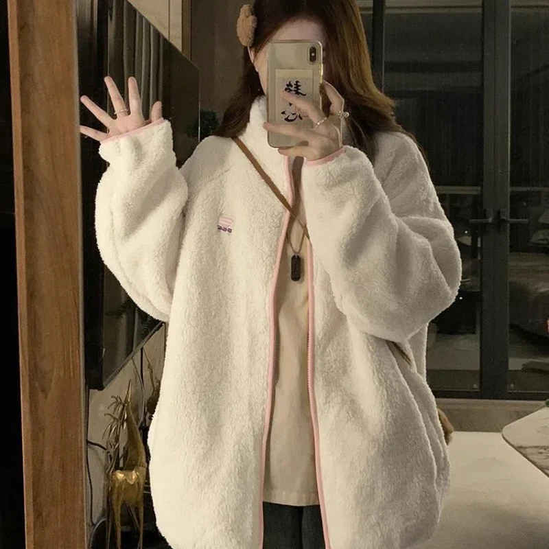 

Autumn Winter New Fashion Turn-down Collar Long Sleeve Solid Parkas Women's Clothing Lamb Wool Loose All-match Warm Trend Tops