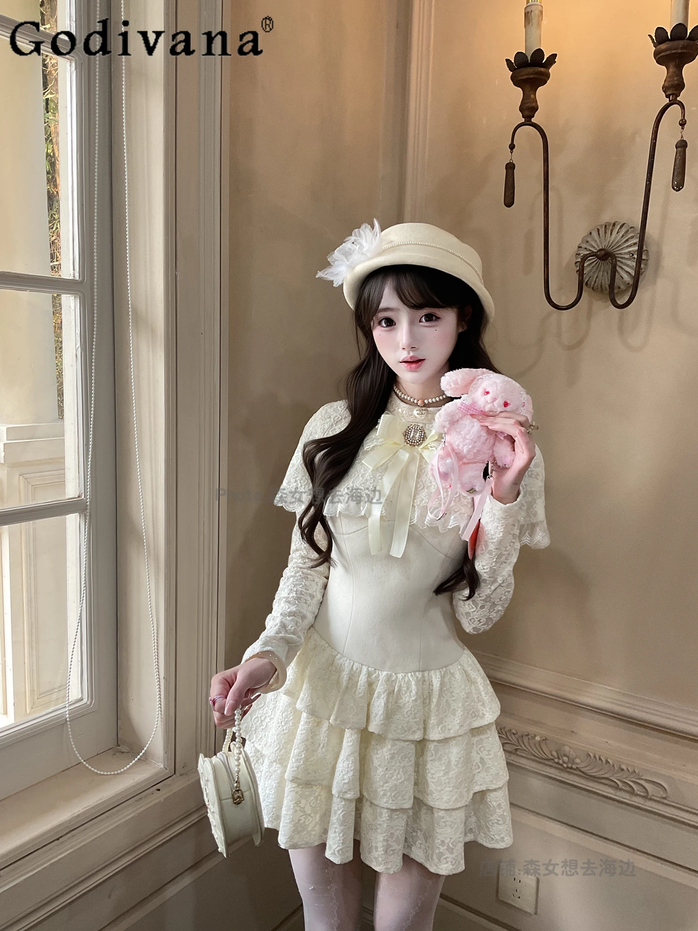 

Mori Girl Original Lolita Japanese Style Sweet Gentle Lace Dress Autumn Winter Thickened Warm Versatile Dress