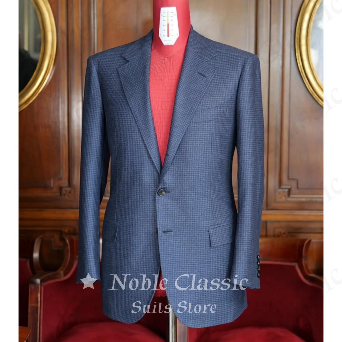 

Men Navy Blue Houndstooth Wool Blend Blazer Jacket Slim Fit Notch Lapel Single Breasted Coat Business Casual Wear Customized