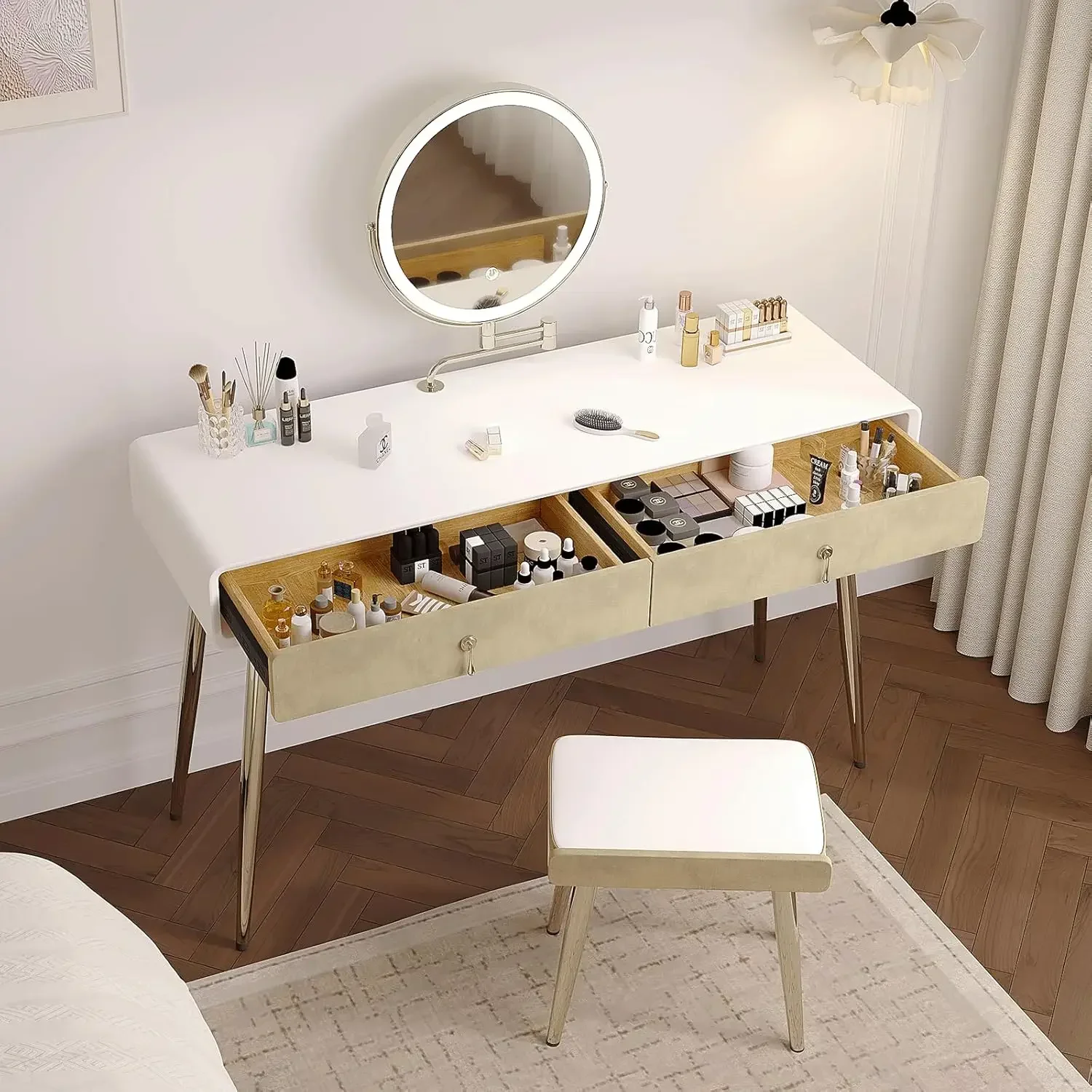 Vanity Desk Set with 360° Rotating Mirror and Lights, Small Makeup Vanity with Microfiber Leather, Vanity Table with 2 Drawers,