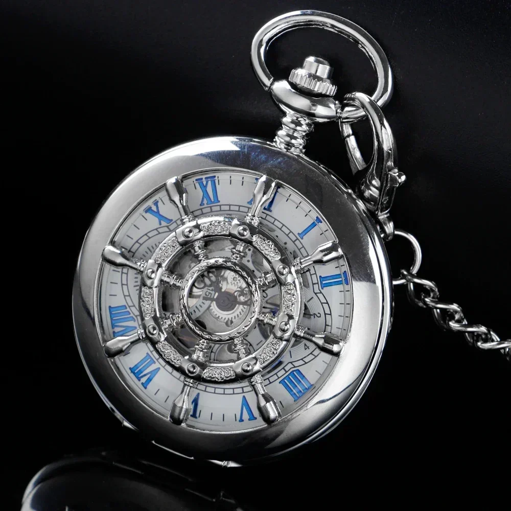 

Silver Rudder Sculpture Roman Digital Mechanical Pocket Watch Hollow Case Analog Skeleton Men's Mechanical Pocket Watch