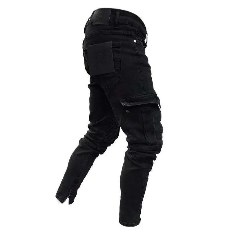 

Men's Casual Elastic Denim Pants Trendy Knee-Breaking Zipper Slim Long Trousers Youth Faion Multi-ket Mid-Waist Jeans