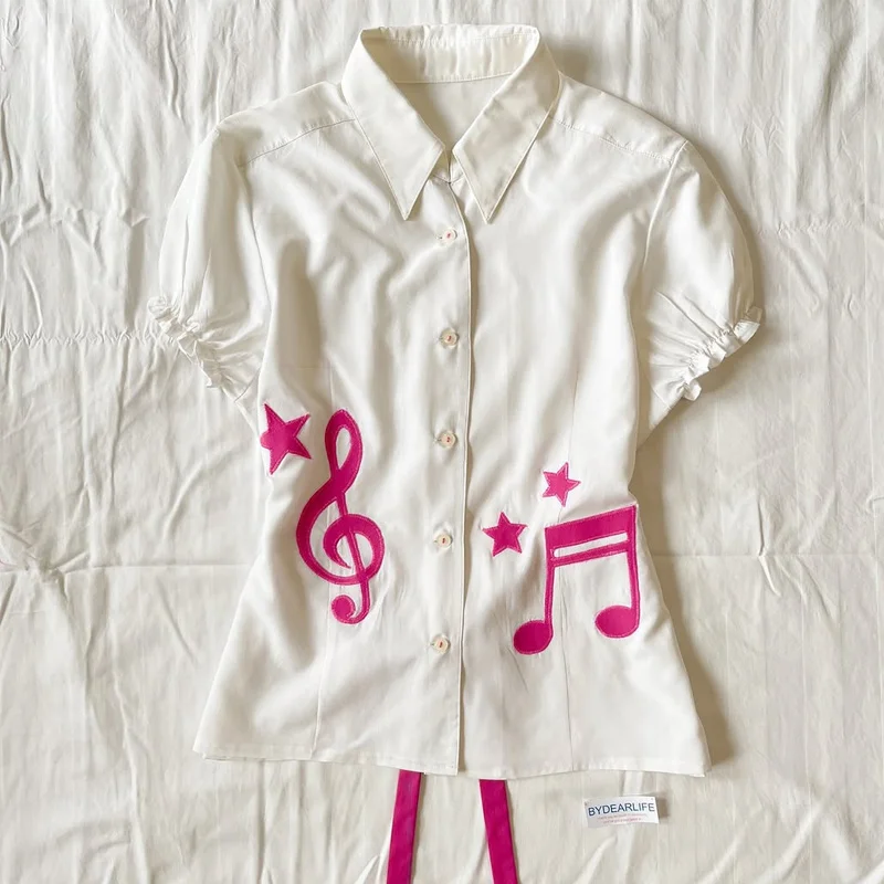 Summer Preppy Retro White Star and Note Embroidered Shirt Women's Bubble Sleeve Button Neck Shirt y2k T-shirt