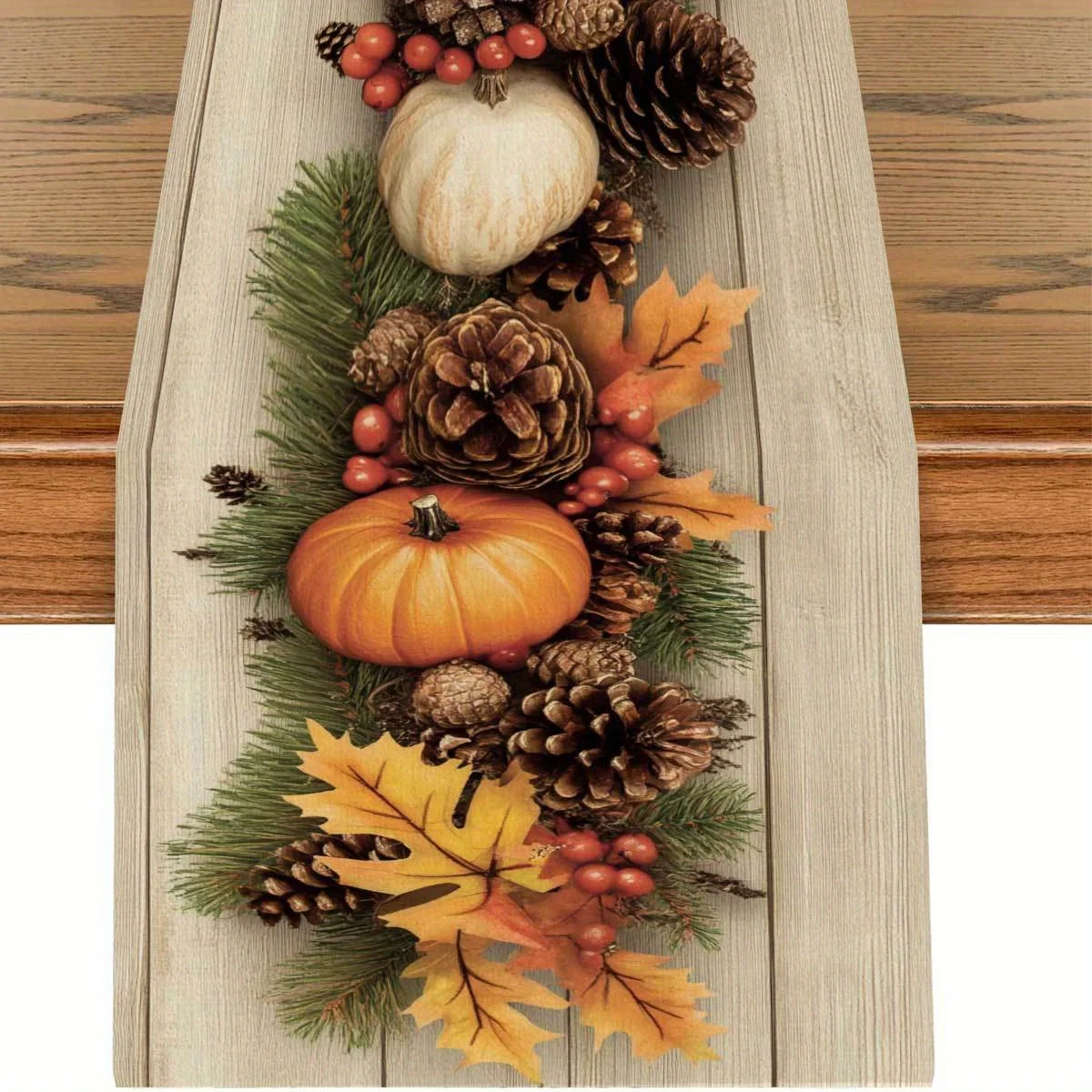 1 Piece of Autumn Forest Table Runner, Pumpkin with Wooden Bottom, Pine Cones, Autumn Leaves, Suitable for Restaurants, Home Furnishings, Harvest Parties, Pastoral Market.