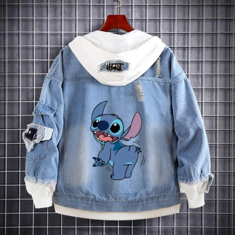 Miniso Disney Stitch Retro Denim Jackets Cartoon Printed Cute Sweatshirts Kids Streetwear Hooded Coats Harajuku Jackets For Men