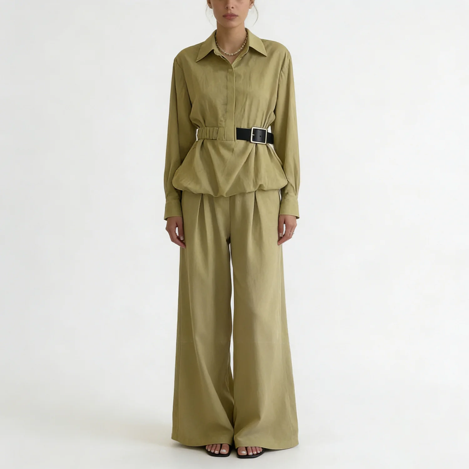Nova Women's Long Sleeve Button Up Shirt with Belt & Wide Leg Pants Set