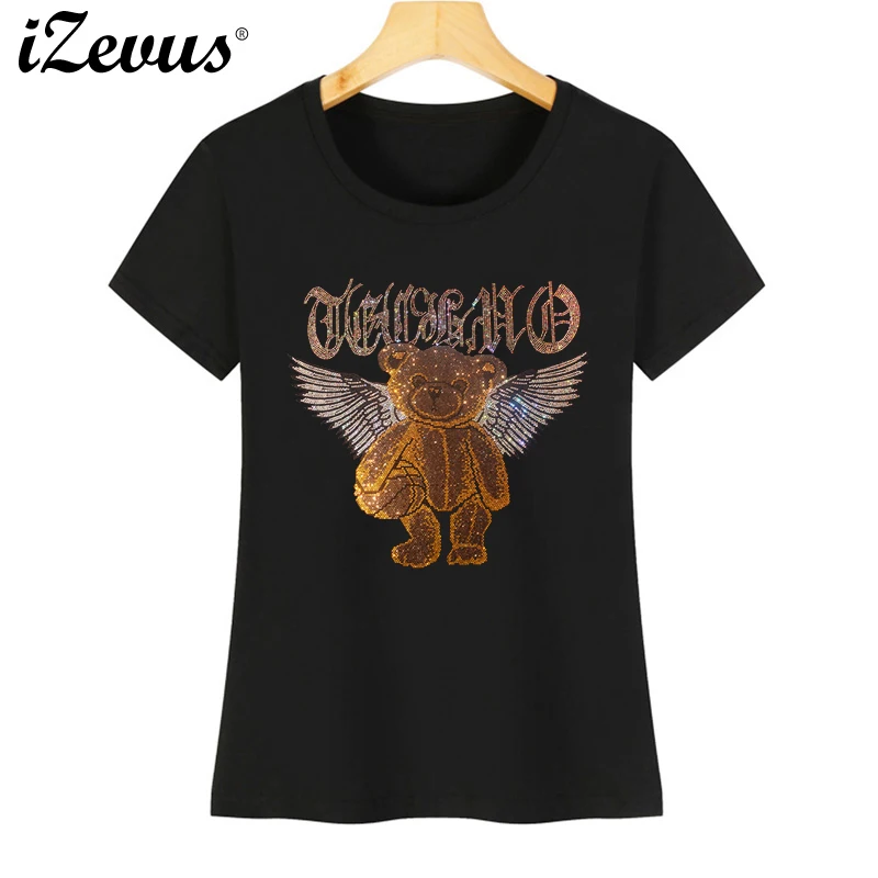 Hot sale high quality new creative with wings angel bear hot rhinestone ladies women's summer casual T-shirt