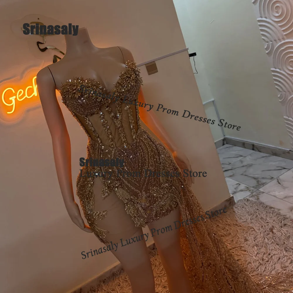 Customized Sexy Diamond Corset Short Prom Dresses African Glitter Strapless Sequins Birthday Dresses Handmade Mermaid Party Gown