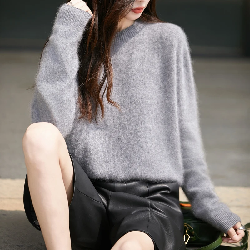 

2025 Новый свитер из 100% мериносовой шерсти с круглым вырезом, женская одежда, теплый свитер на осень и зиму, свободный свитер с длинными рукавами