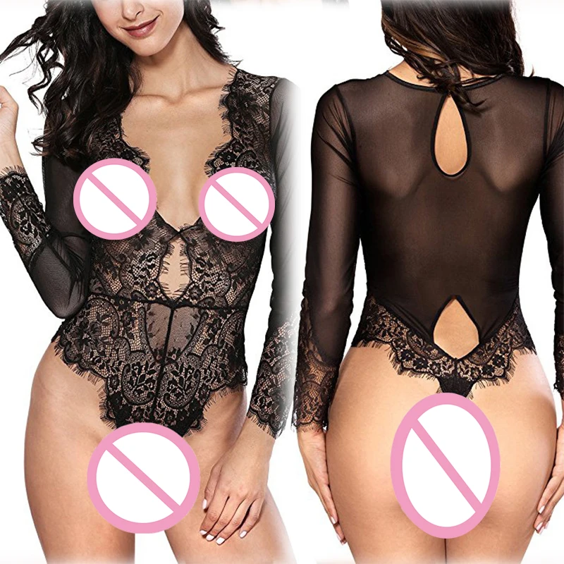 

Transparent Sexy Lace Patchwork Bodysuits Women Rompers Bodycon Jumpsuit Long Sleeve Mesh Bodysuits See Through Deep V Bodysuits