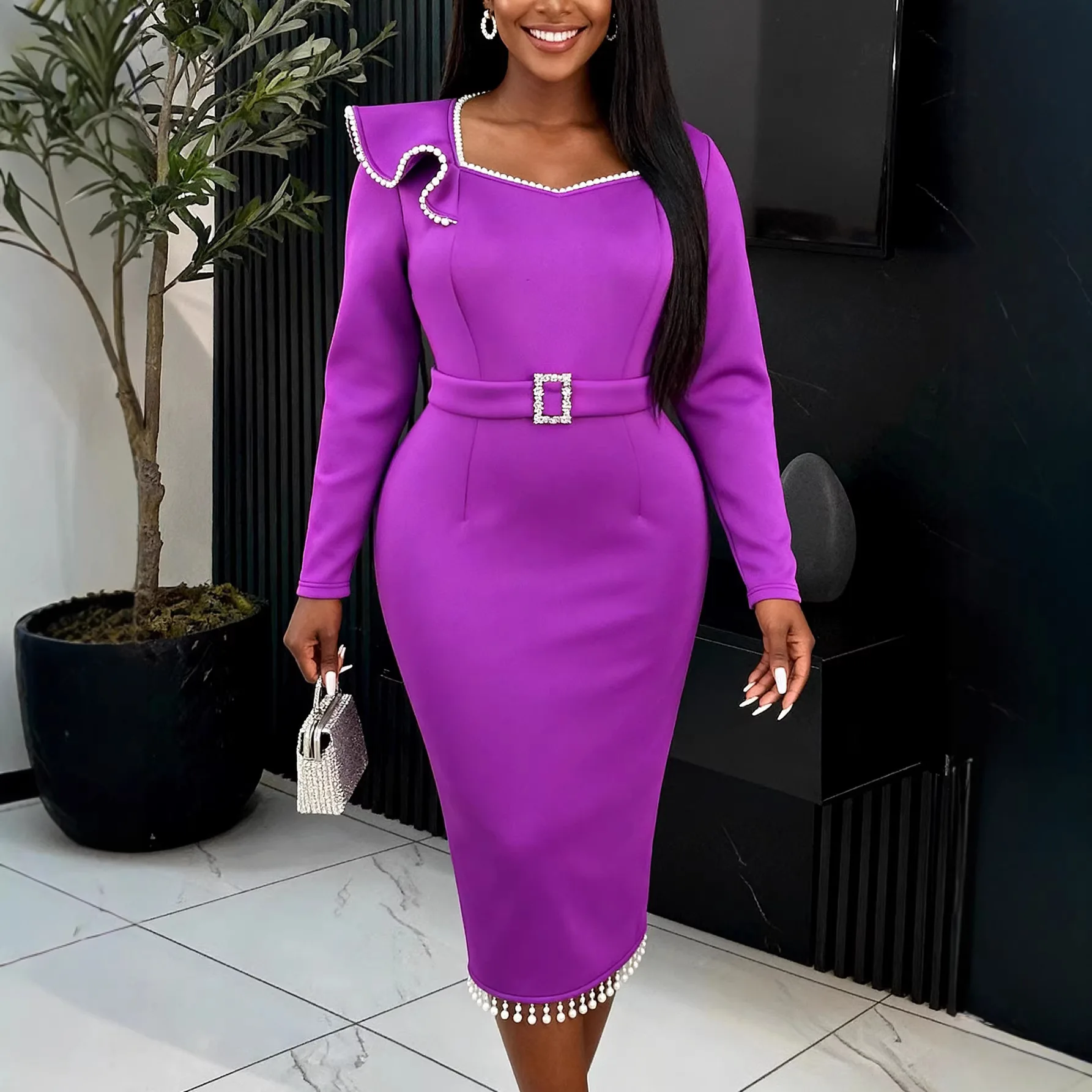 

Africa Clothing Exquisite Purple Evening Dress with Pearl Chain Long Sleeve Elegant Special Occasion Gown for Women