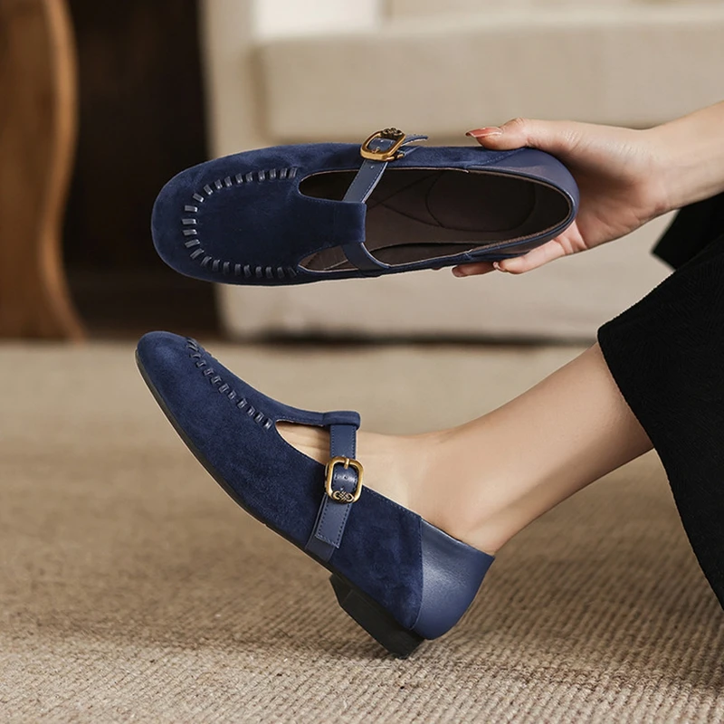 NEW Spring/Autumn Women Pumps Sheep Suede Leather Shoes for Women Round Toe Chunky Heel Shoes Blue Buckle Strap Mary Janes Shoes