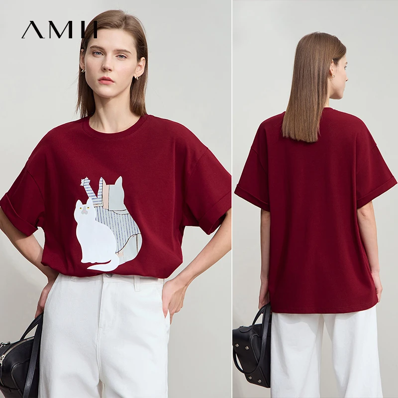 Amii Topสําหรับผู้หญิงMinimalist 2025 ฤดูร้อนสไตล์ใหม่สบายๆO-คอพิมพ์เปิดหลวมผ้าฝ้ายยืดเสื้อยืด 12522144