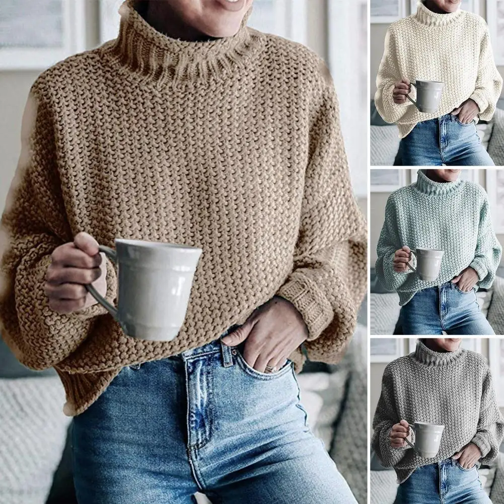 Women Autumn Winter Solid Color Sweater Turtleneck Long Sleeve Ribbed Trim Hemming Pullover Knitting Tops Streetwear