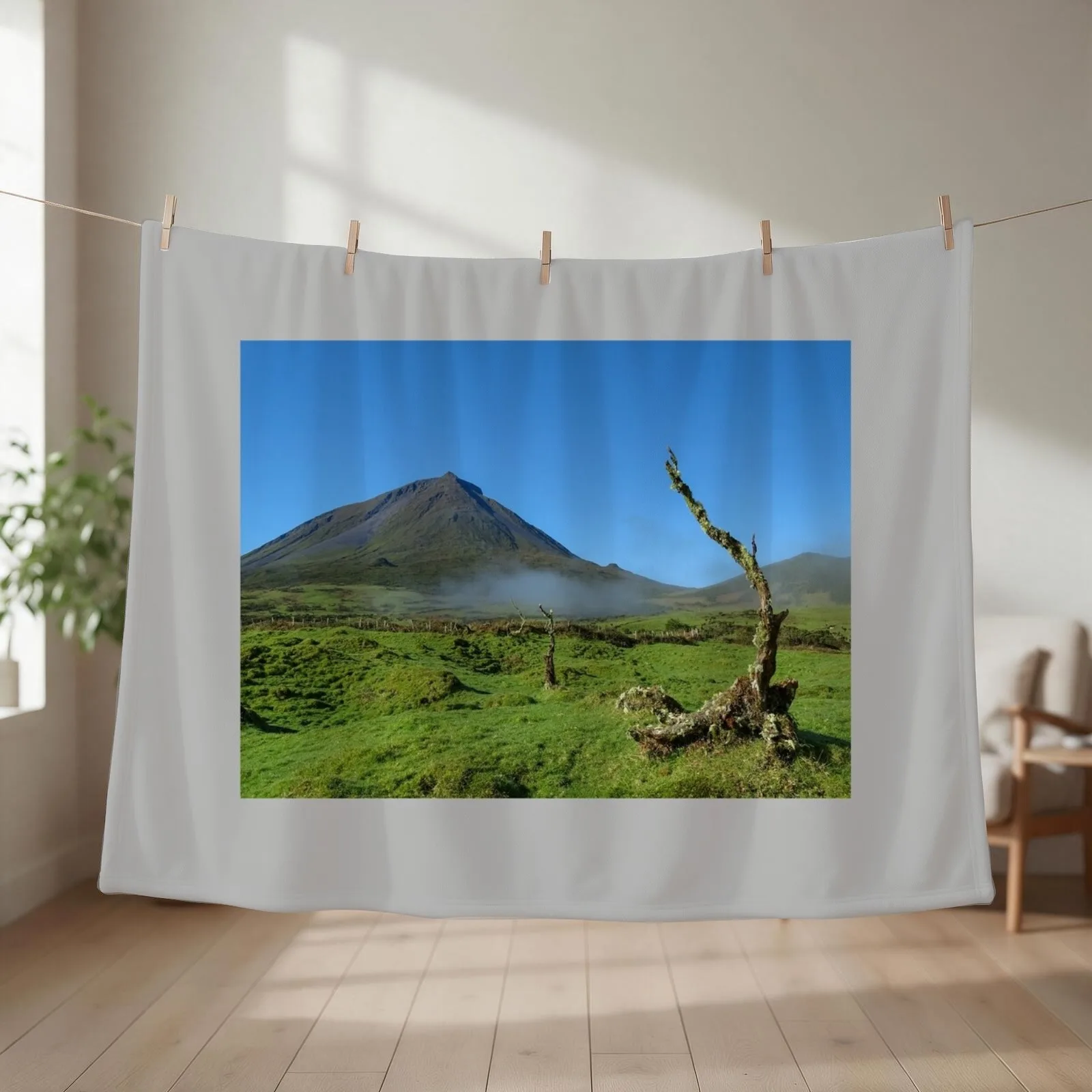 Amazing nature landscape, Pico mountain with some clouds, Azores islands, travel destination. Throw Blanket