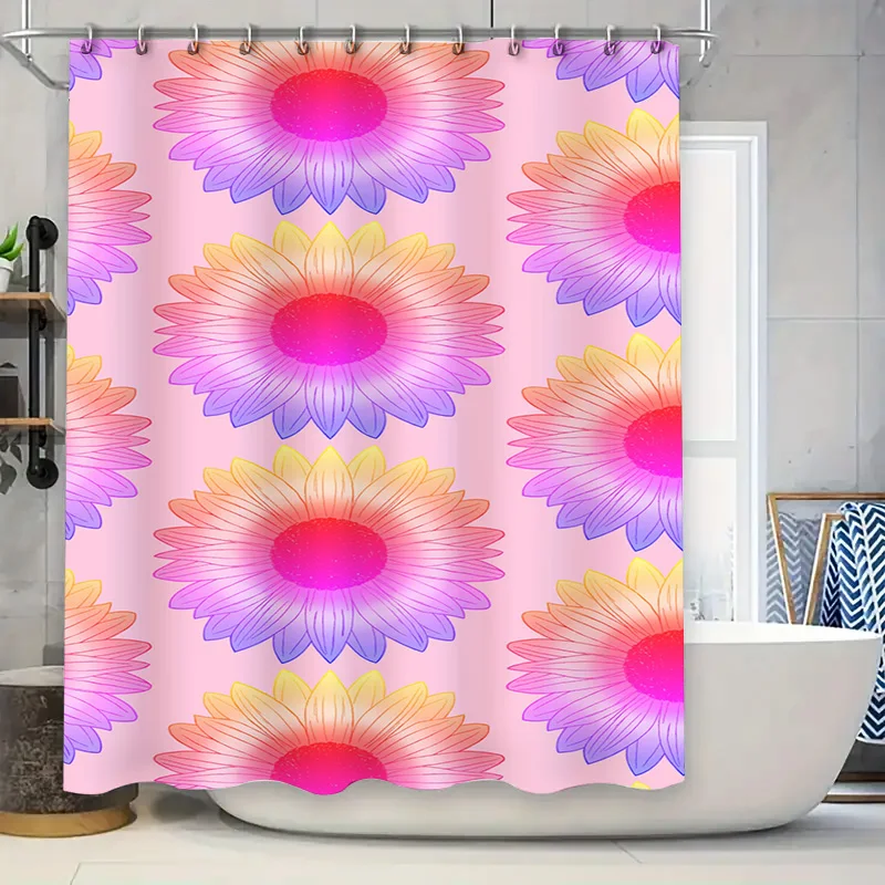 Floral Shower Curtain Bright Pink Purple Yellow Sunflower Pattern Bath Decor Water Repellent Polyester Fabric Waterproof Backdro