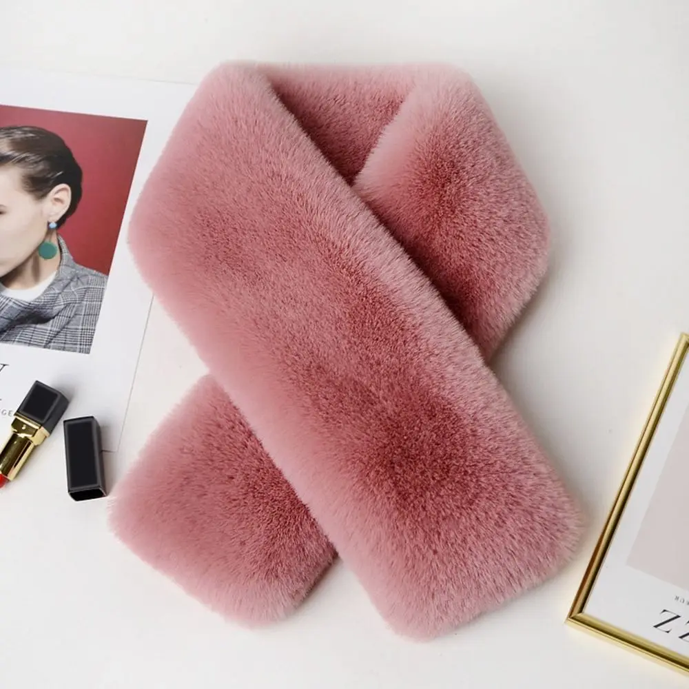 Winter Warm Solid Color Cross Scarf Thicken Faux Rabbit Fur Neckerchief Wrap Faux Rabbit Fur Scarf Women