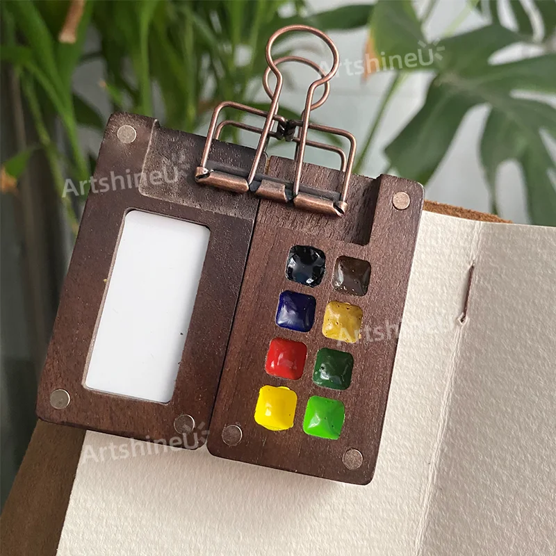 8 Grids 0.5ML Portable Travel Wooden Black Walnut Paint Box, Handmade Schmincke Watercolor Mini Paint Palette Tray With Clips