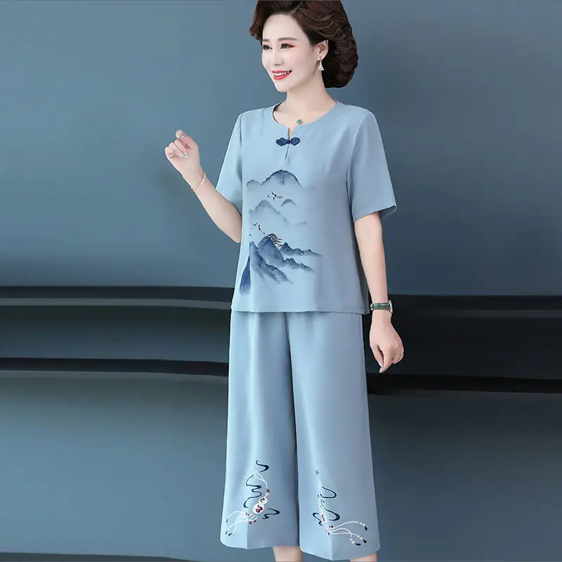 New Two-Piece Summer set Female New Embroidery Set Mother Middle-Aged Outfit Elderly Women\'s Ethnic Casual Suit